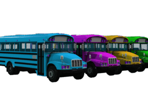 School Bus 3D Model Pack – Colorful Cartoon Buses (FBX + iProp)